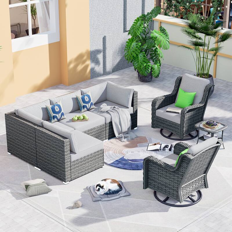 OVIOS 7-piece Rattan Wicker Patio Furniture Set Swivel Rocking Chair Set - Grey