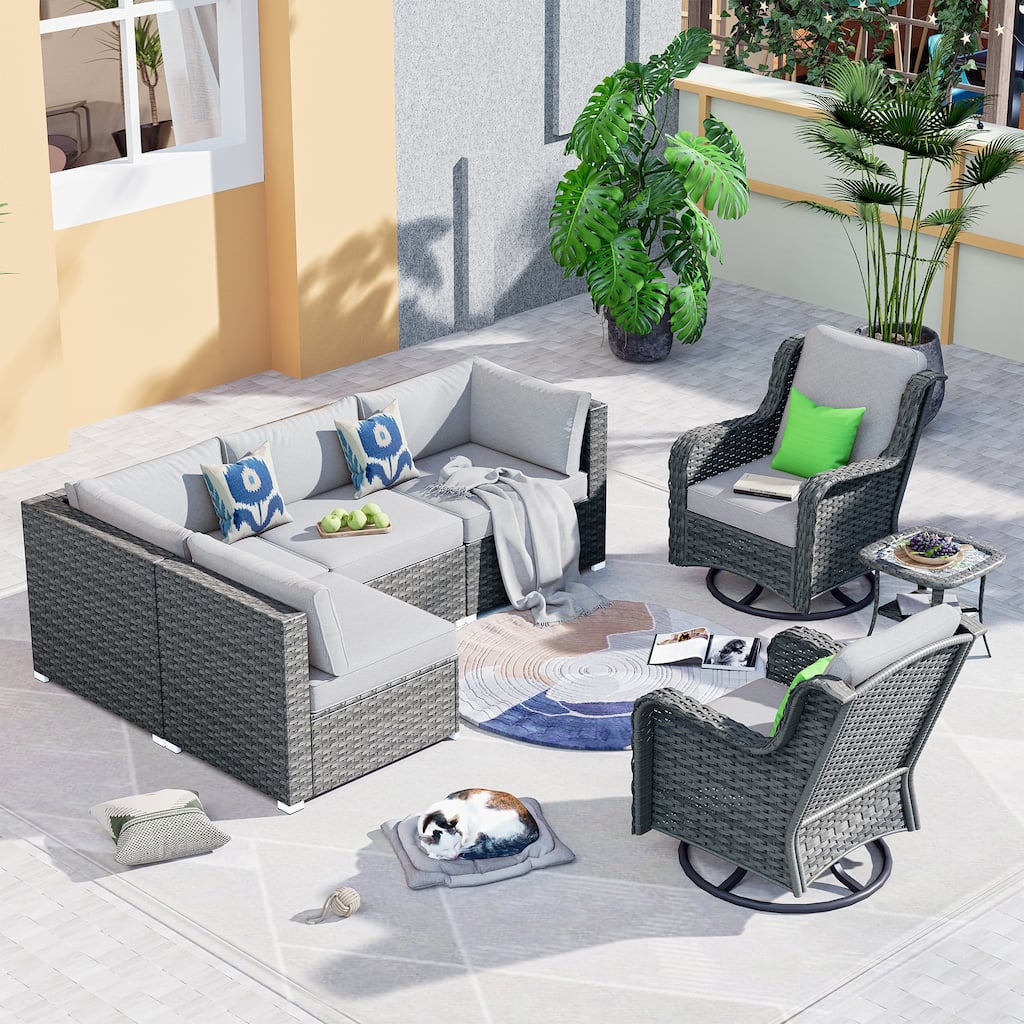 OVIOS 7-piece Rattan Wicker Patio Furniture Set Swivel Rocking Chair Set