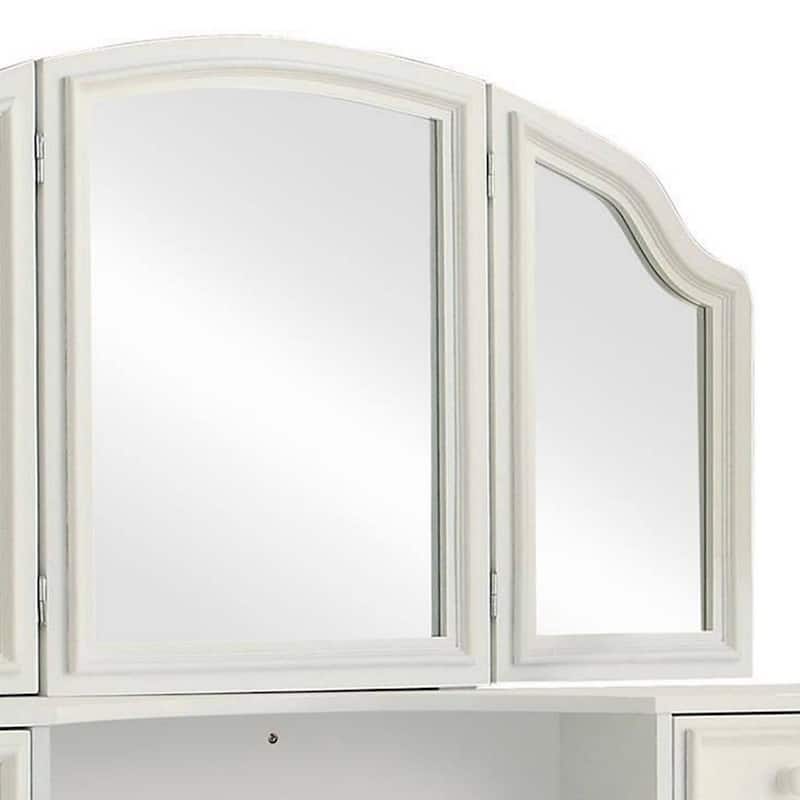 Cael 60 Inch Vanity Desk with Stool, Drawers, 3 Sided Mirror, White Wood