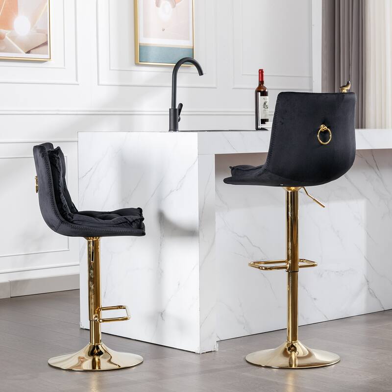Set of 2 Bar Stools,with Chrome Footrest,Base Swivel Height Adjustable Mechanical Lifting Velvet + Golden Leg Simple Bar Stool
