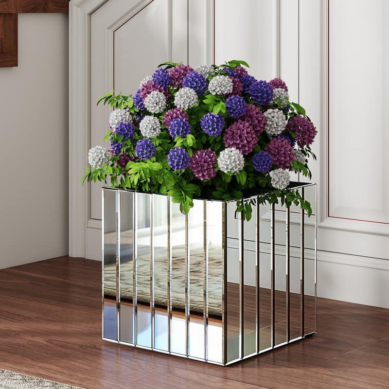 14" Mirrored Square Floor Vase - Silver