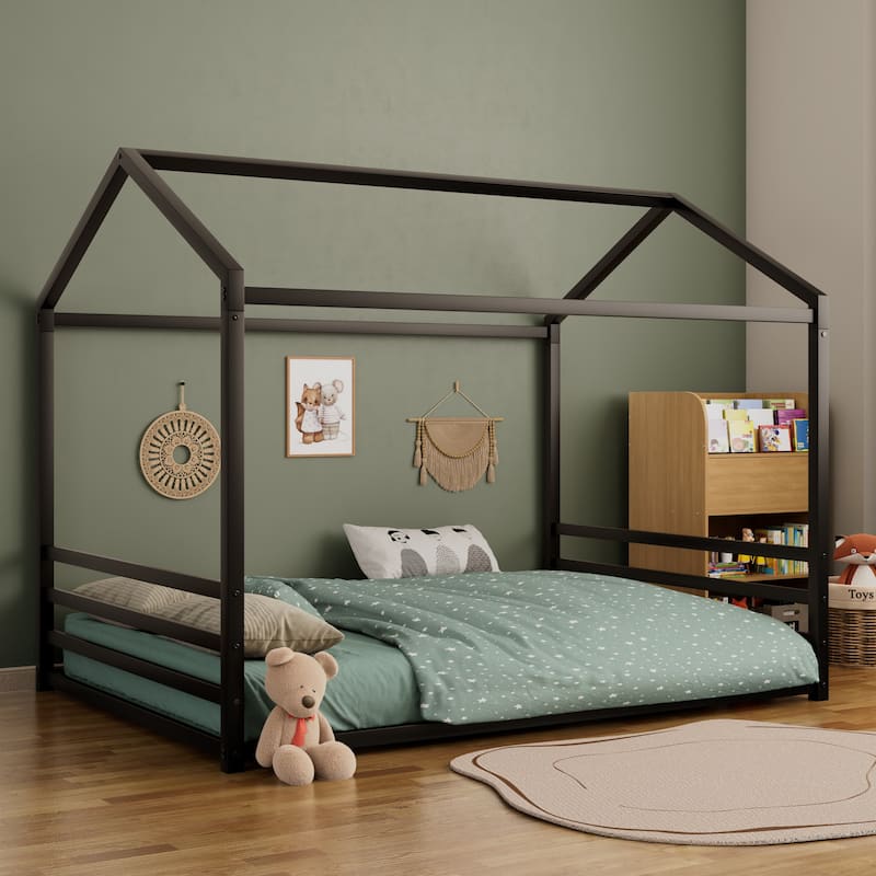 Montessori House Metal Floor Bed with End Guardrails by Harper&Bright Designs - Black - Full