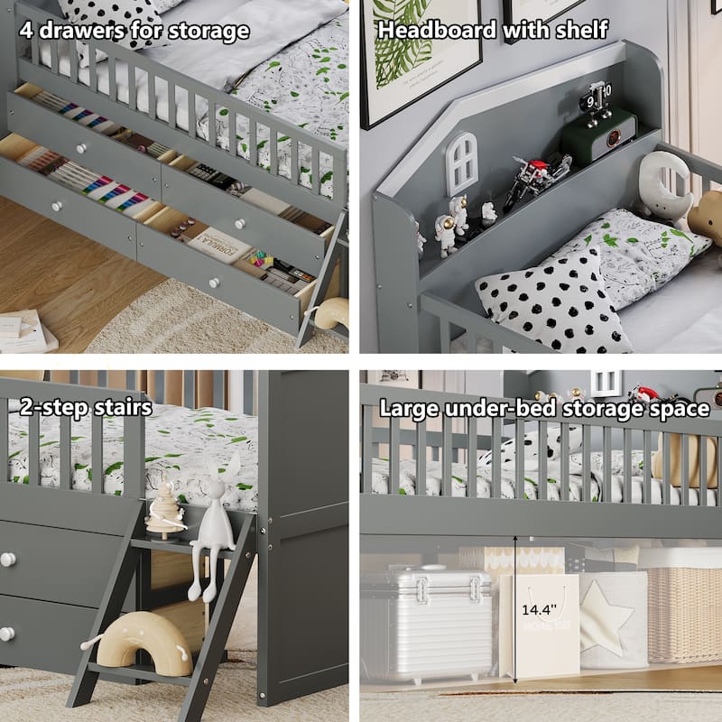 Roomfitters Twin Platform Bed Frame with Four Drawers, Wooden Kids Bed with Guardrail Headboard and Ladder