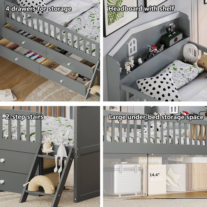 Twin Size Wooden Bed Frame with Storage Drawers, Guardrail, and Ladder for Kids, Easy Assembly, Gray