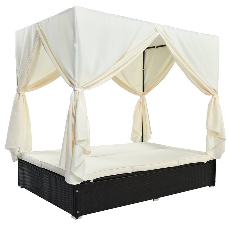 Outdoor Rattan Canopy Daybed Sunbed with Curtain & Adjustable Seat
