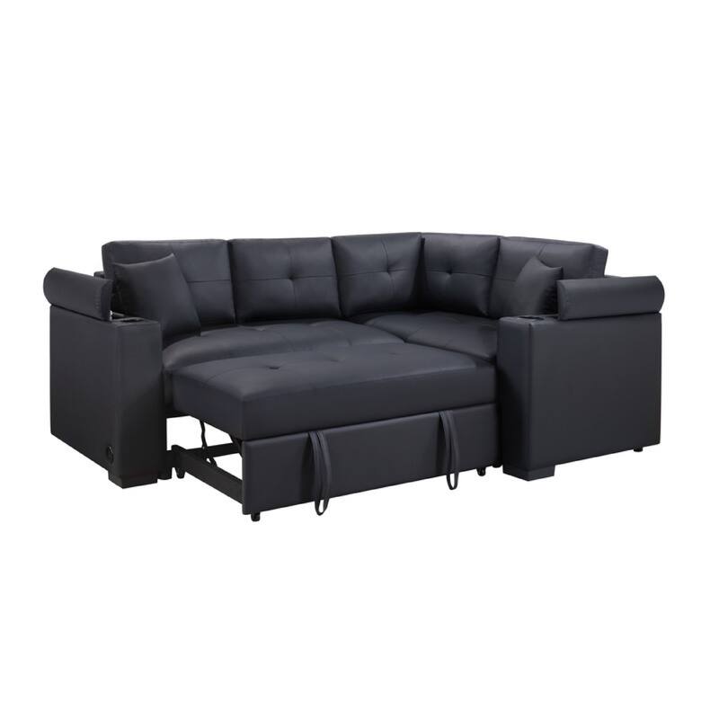 Nov Sectional Sleeper Sofa, 2 Pillows, USB Charger, Black Faux Leather