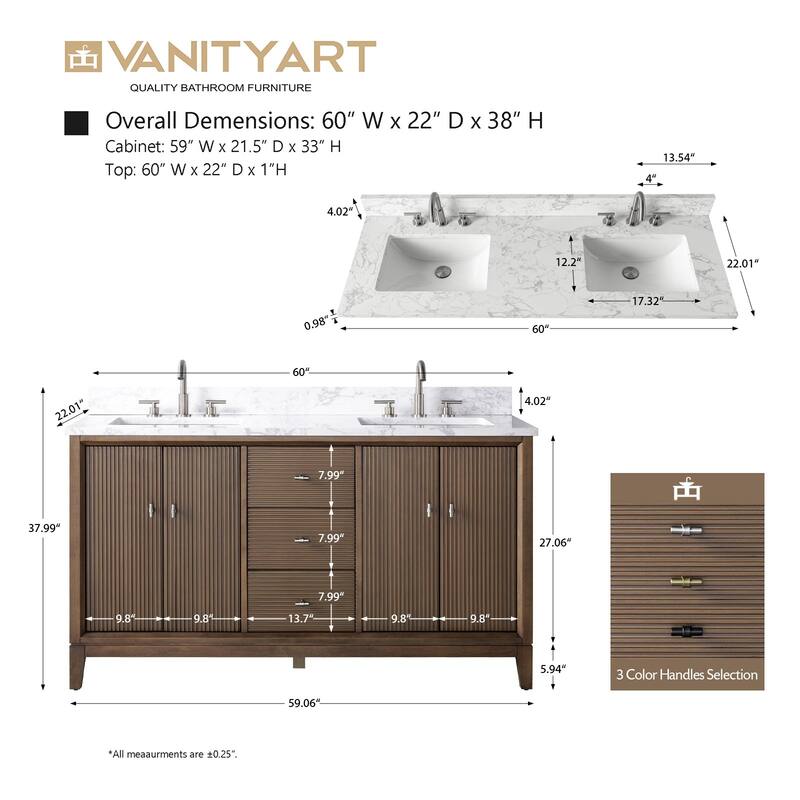 Vanity Art 60" Freestanding Bathroom Vanity with Engineered Marble Top and Sinks