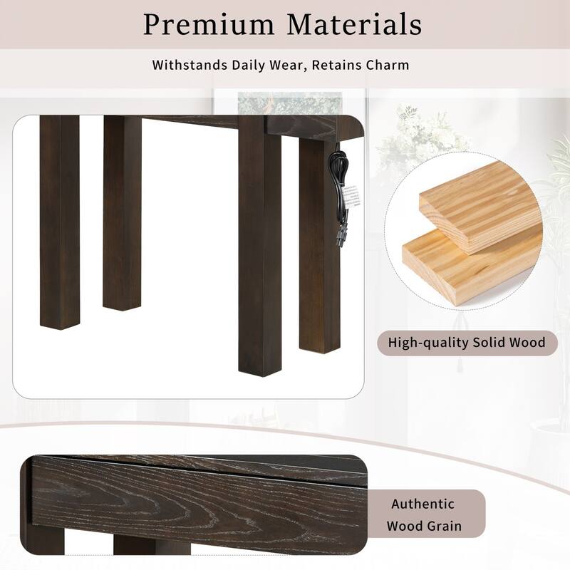 47.25 Inches Wooden Rustic Minimalist Console Table, with Hidden Drawer and Side Power Outlet