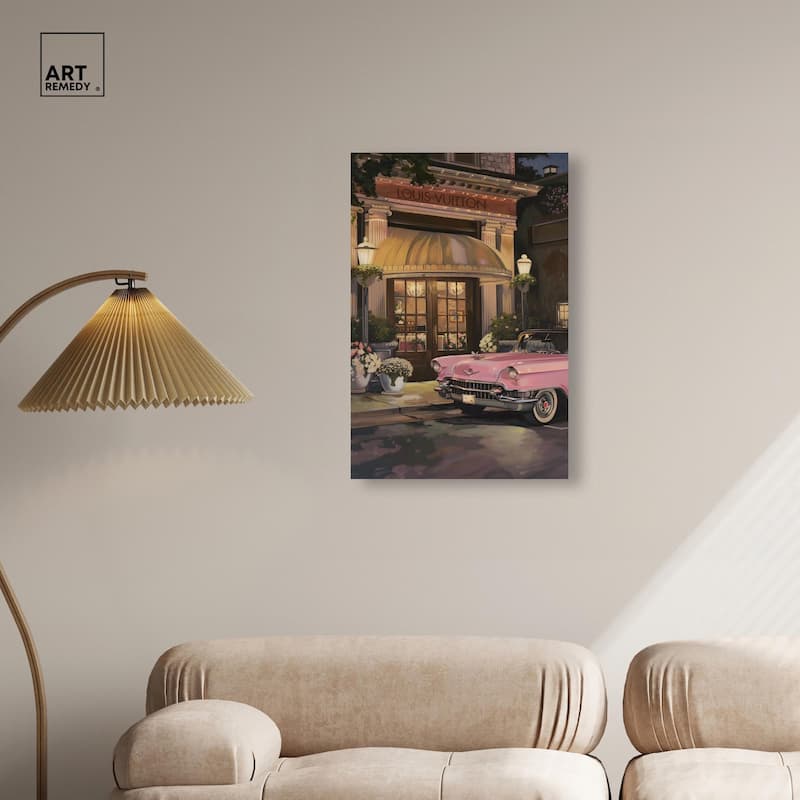 Classic Car Store Visit Canvas by Art Remedy, Gallery Wrapped