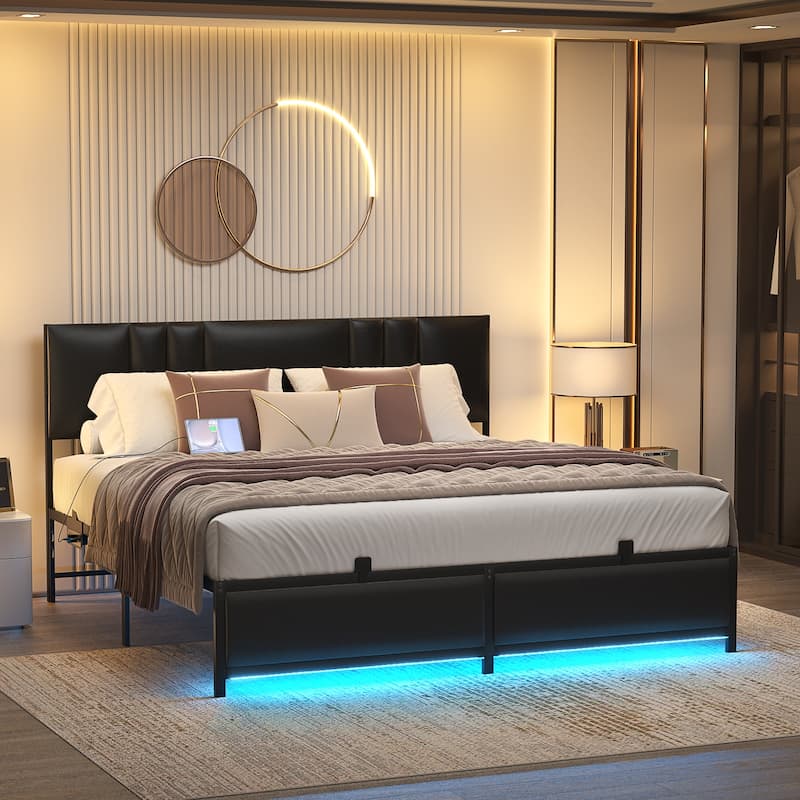 Upholstered Bed Frame with Height Adjustable Headboard,with RGB LED Light and Charging Hub - Black - Queen