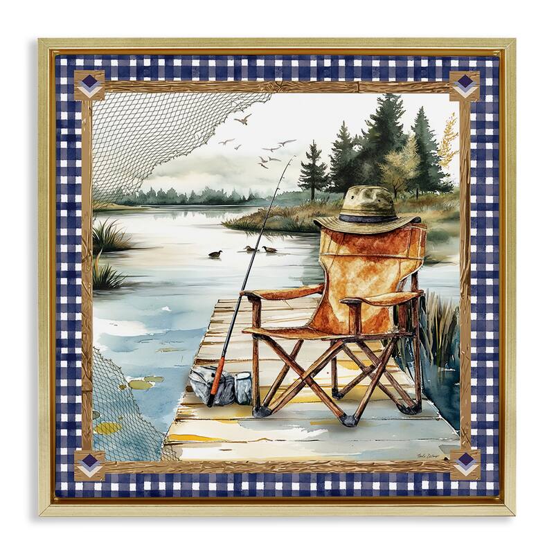 Stupell Fishing Chair on Dock Framed Floater Canvas Wall Art Design By Nicole DeCamp - 25 x 25 - Gold