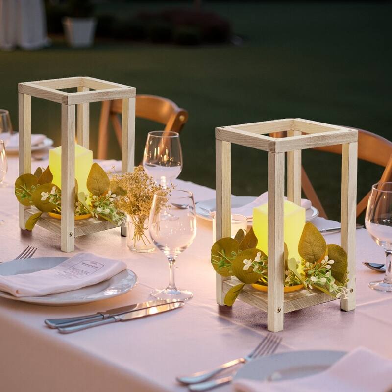 Wooden Wedding Lantern Set with LED Candles and Eucalyptus Wreath Rustic Cedar Table