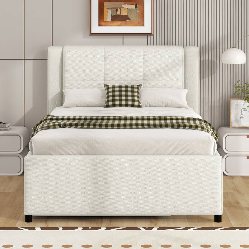 Full Size Upholstered Platform Bed with Adjustable Trundle, Beige