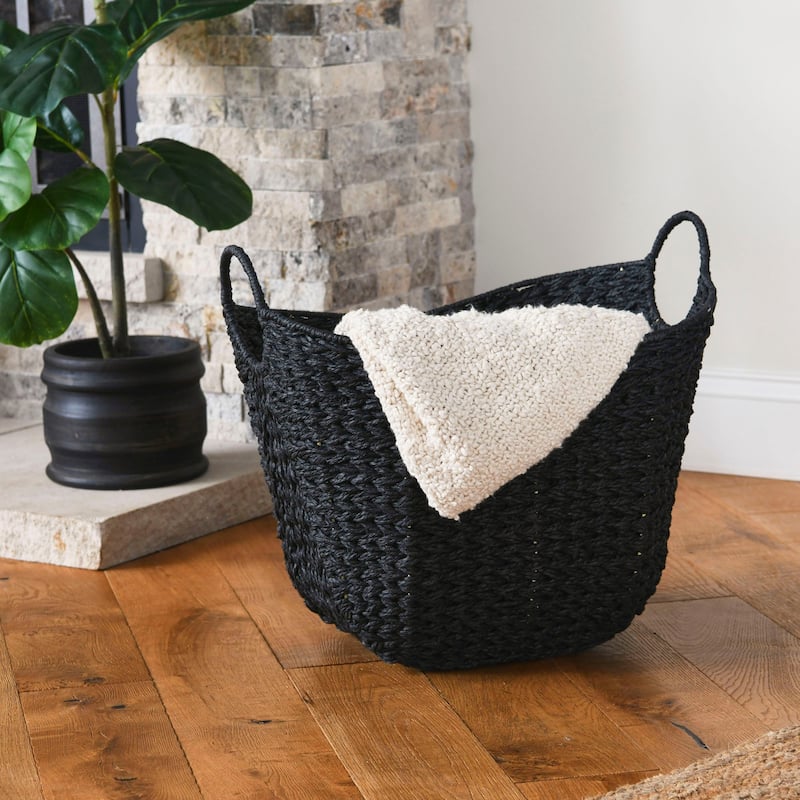 Household Essentials Woven Paper Rope Storage Basket with Handles - Black