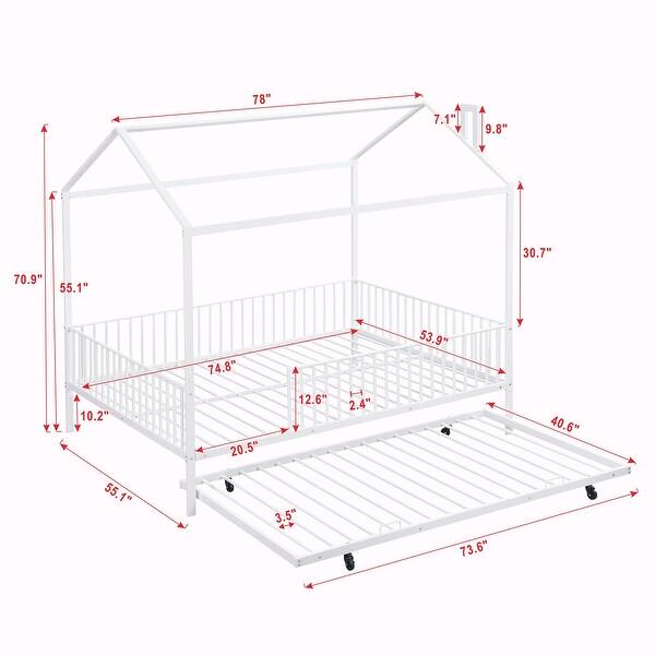 dimension image slide 1 of 4, Metal House Bed with Fence, With Trundle