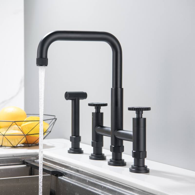 4 Hole Industrial Bridge Kitchen Faucet with Side Sprayer Commercial Stainless Steel Kitchen Sink Faucet 360 Degree Swivel