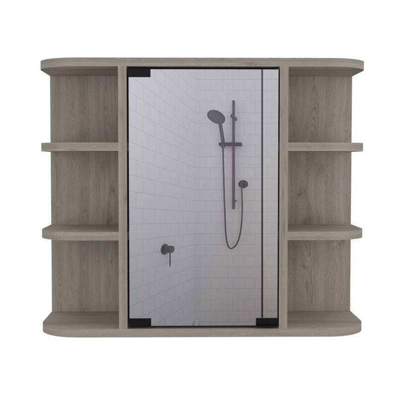 Light Gray Medicine Cabinet - 19.6" H, Mirror Door, 6 Open Shelves, 3 Interior Shelves, Wall-Mounted Storage