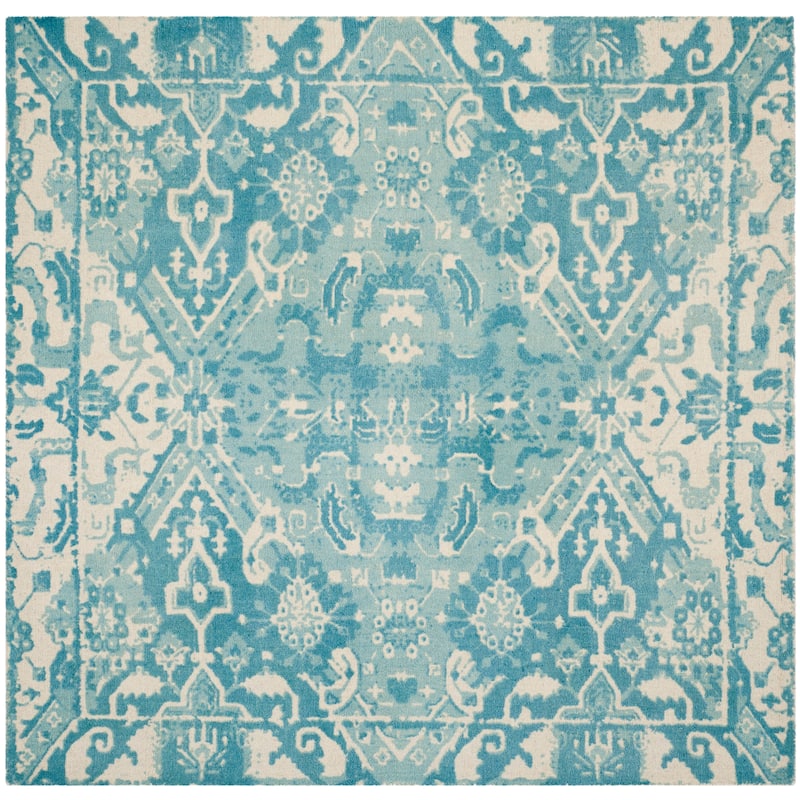 SAFAVIEH Handmade Restoration Vintage Boho Filareta Wool Rug - 6' Square - Light Blue/Ivory