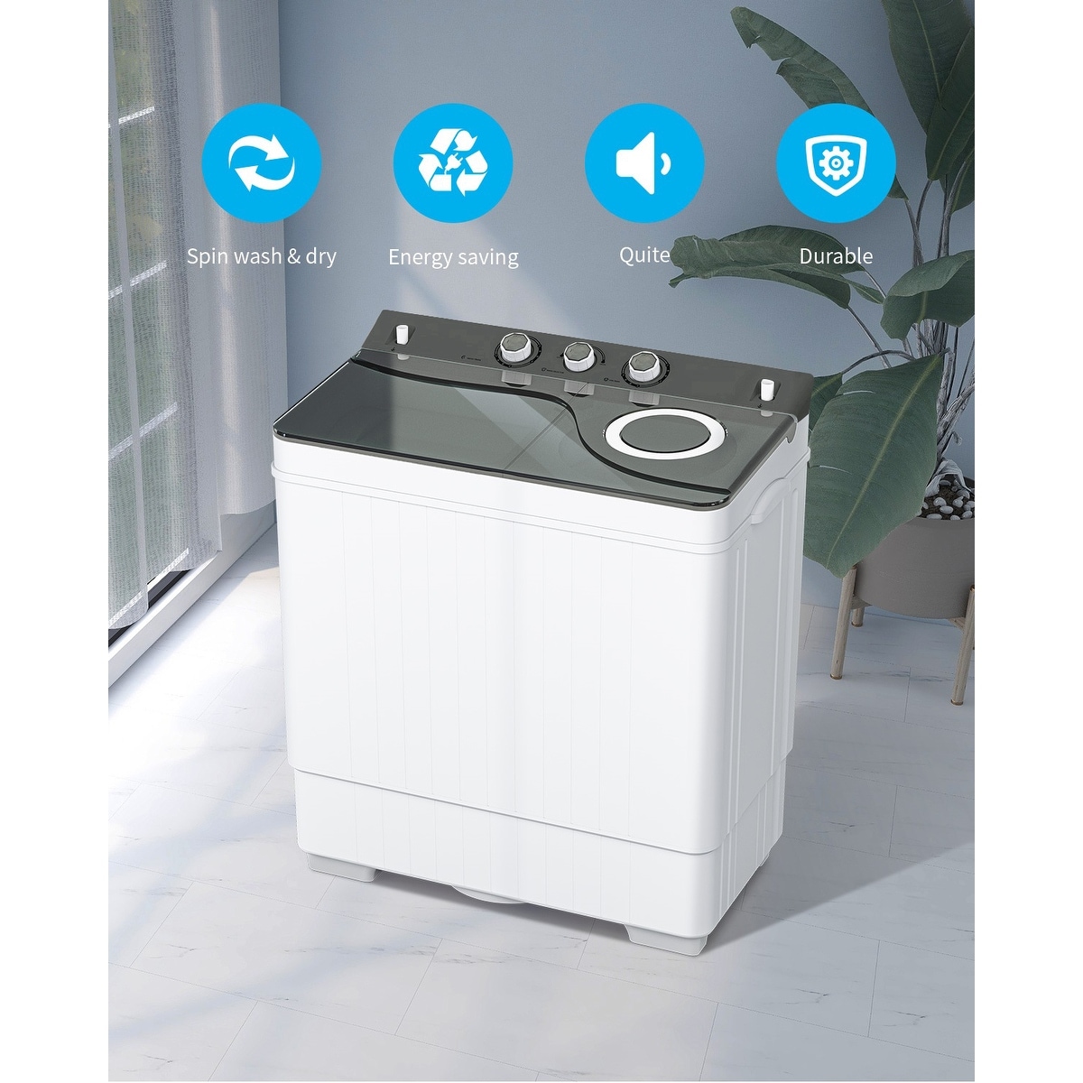 Winado 21.26 in. 14.3 lbs. Portable Top Load Semi-Automatic Twin Tube Washing Machine in White, Gray