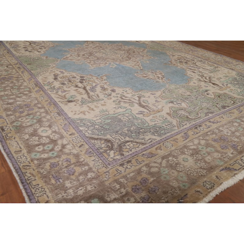 Hand Knotted Oriental 100% Wool Carpet Traditional Floral Navy Blue & Blues Tabriz Area Rug - 8' 11'' X 6' 7''