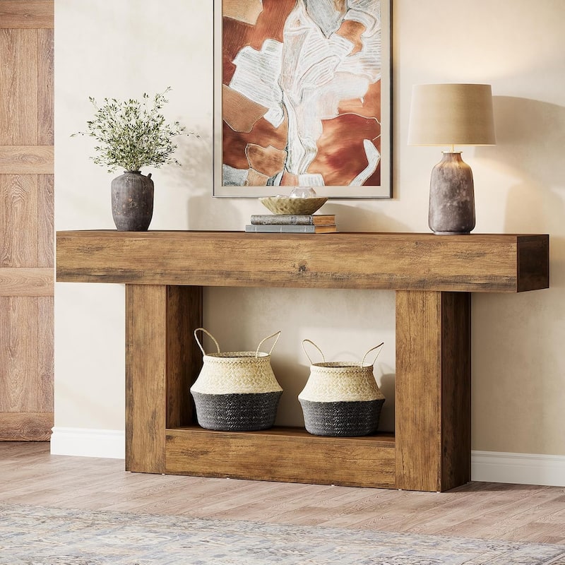 63" Long Console Table, Farmhouse 2-Tier Entryway Table with U-Shaped Base - 63" W x 11.8" D x 32.3" H - Rustic Brown