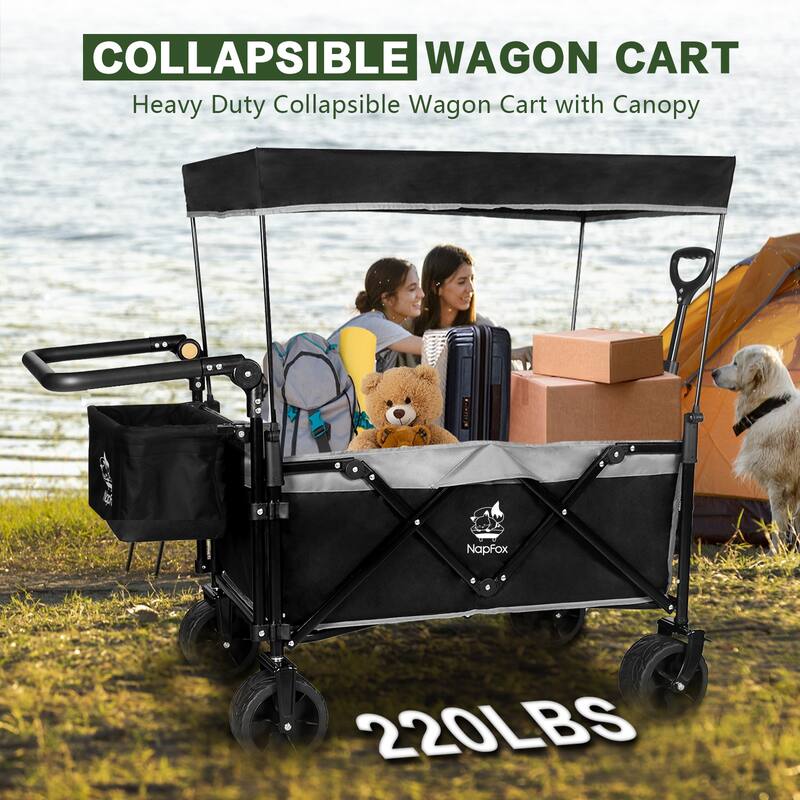Collapsible Wagon with Canopy Extra Large 140L Storage Steel Frame All-Terrain Wheels Brakes - 20” x 44.9” x 46.8”