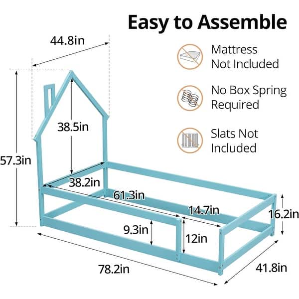 dimension image slide 5 of 6, Twin Size House-Shaped Headboard Floor Bed with Fences