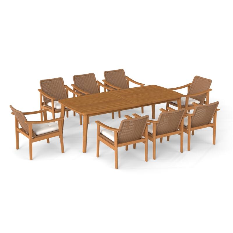 Outdoor Acacia Wood Dining Set with PE Wicker Rattan Dining Chairs And Table with Umbrella Hole 9-Piece Weather-resistant Set