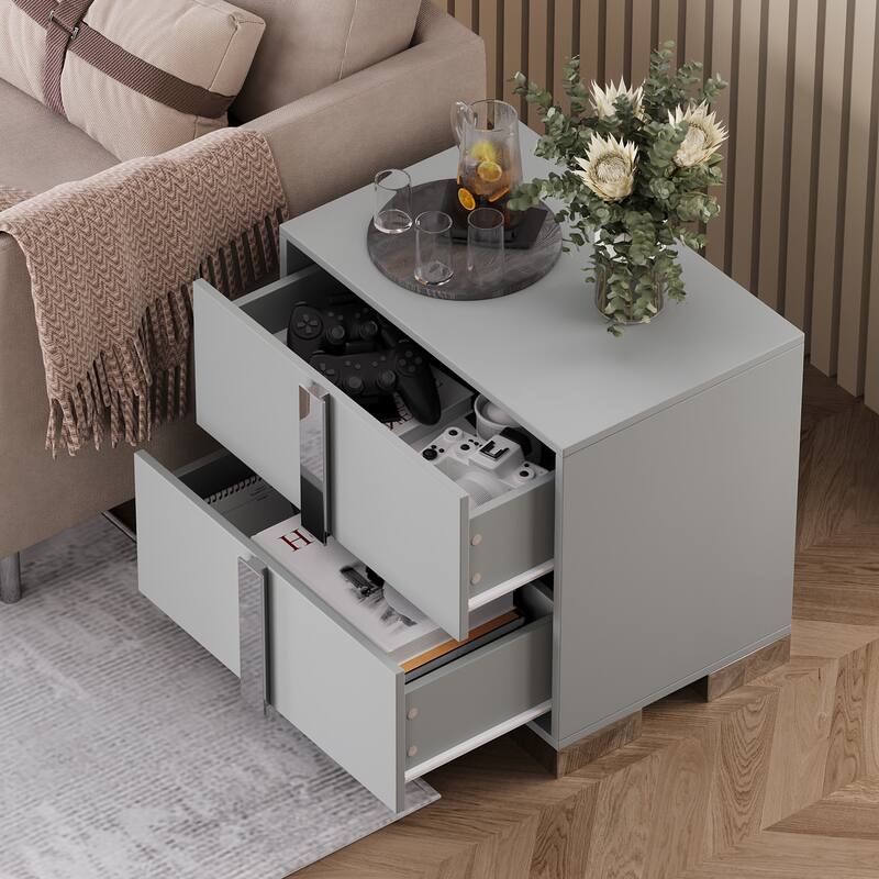 Modern End Table with Drawers, Elegant Nightstand with Metal Foot,Wood Bedside Table with Mirrored Metal Handles