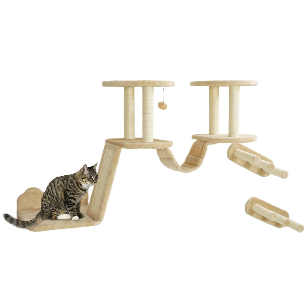 PawHut Cat Wall Shelves, 3 PCs Wall Mounted Cat Shelves with Scratching Post, Perches, Ladder, Steps, Scratching Board, Beige