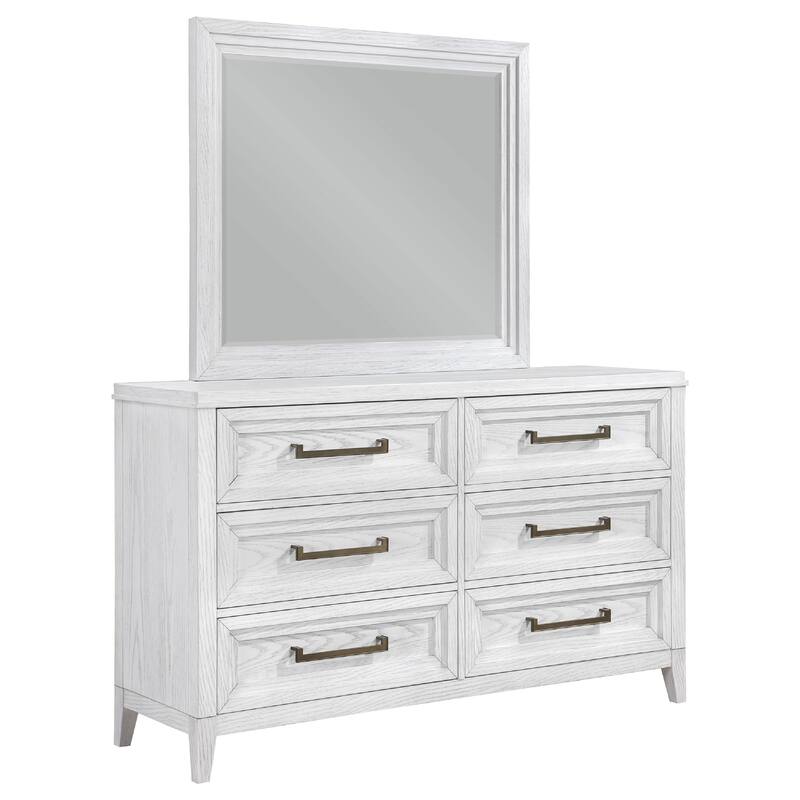 Leva Wide Dresser with Mirror, 6 Drawers, Distressed White Wood Frame