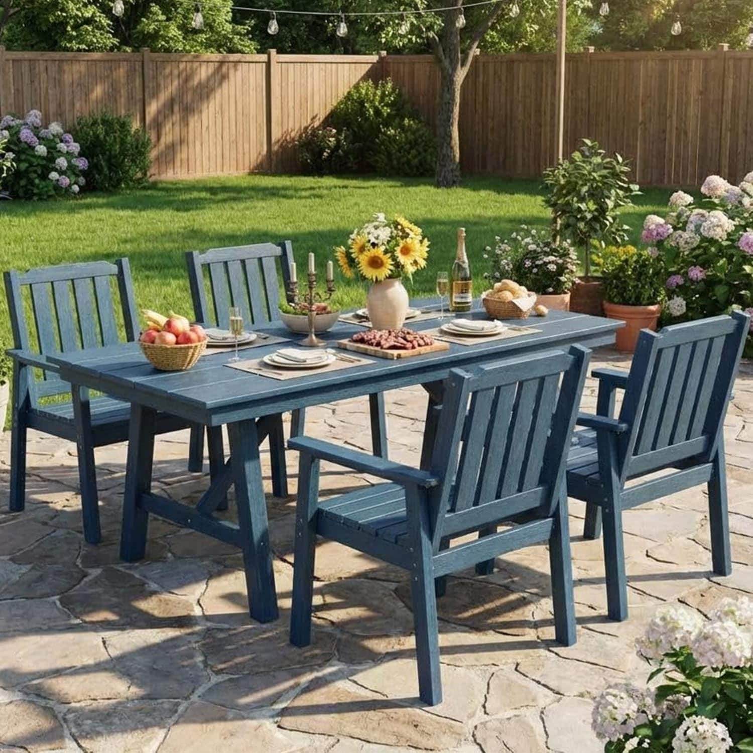 5/7-Piece Outdoor Patio Dining Table Set with Umbrella Hole, HDPE Dining Table Set w/Aluminum Frame and Triangle Legs