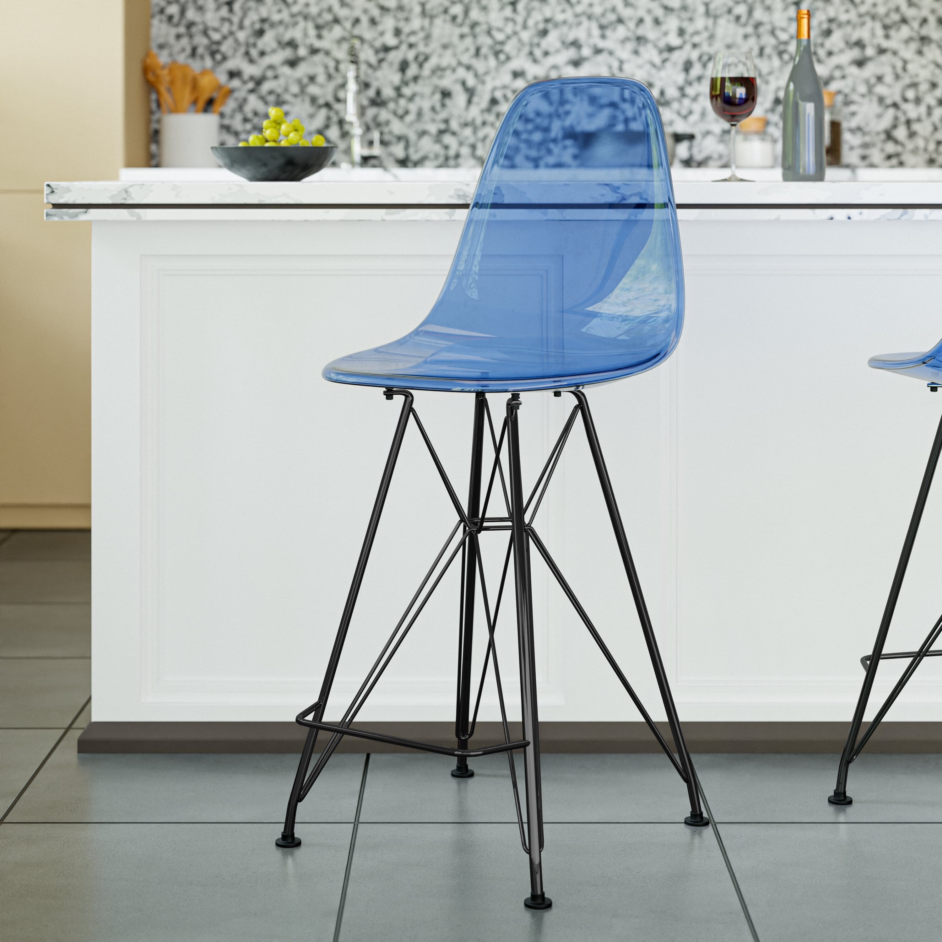 Cresco Ergonomic Acrylic Barstool - Brushed Black Steel Metal Base - Modern Clear Bar Stool with Footrest for Kitchen & Bar
