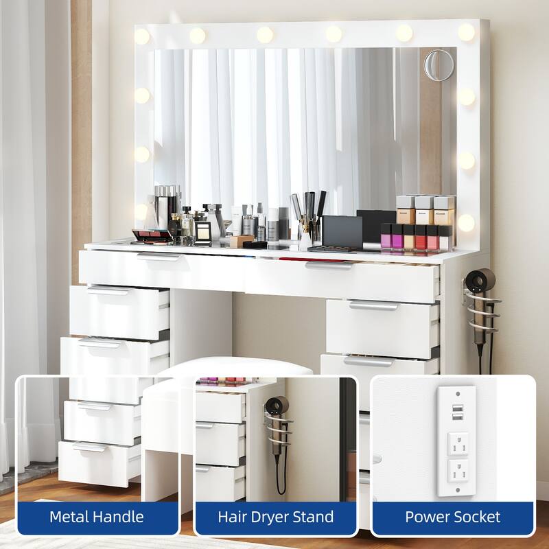 Moasis White 10-Drawer Cosmetic Vanity Desk Set with Glass Tabletop Makeup Vanity with LED Strip
