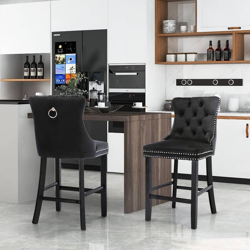 Wing Back Velvet Tufted Nailhead Barstools(Set of 2)