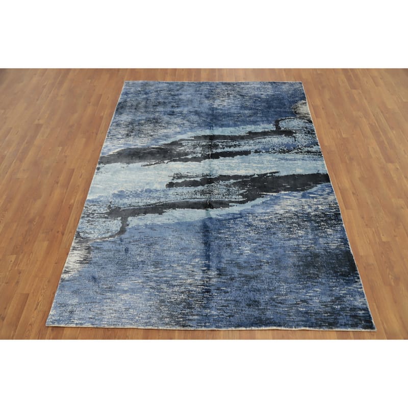 Hand Knotted Oriental Viscose Silk Carpet Modern Pictorial Navy Blue & Blues Abstract Area Rug - 7' 10'' X 5' 8''