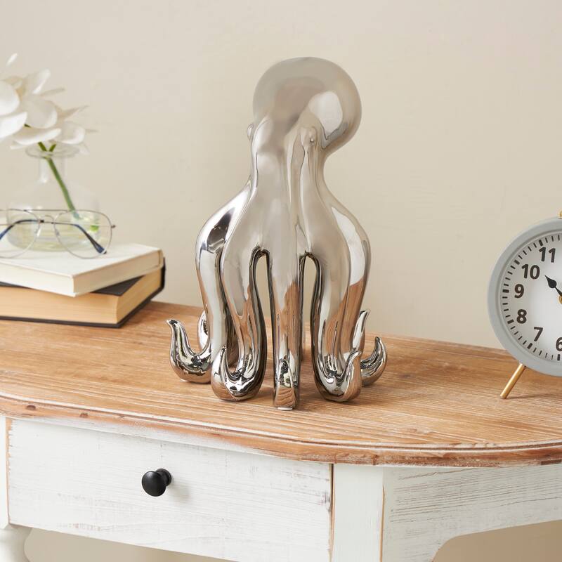 Silver Ceramic Tall Standing Octopus Sculpture - Silver - 8"W, 12"H