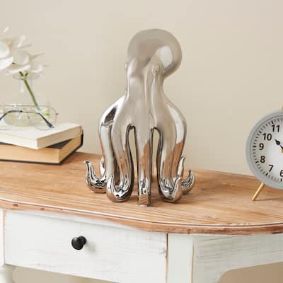 Silver Ceramic Tall Standing Octopus Sculpture