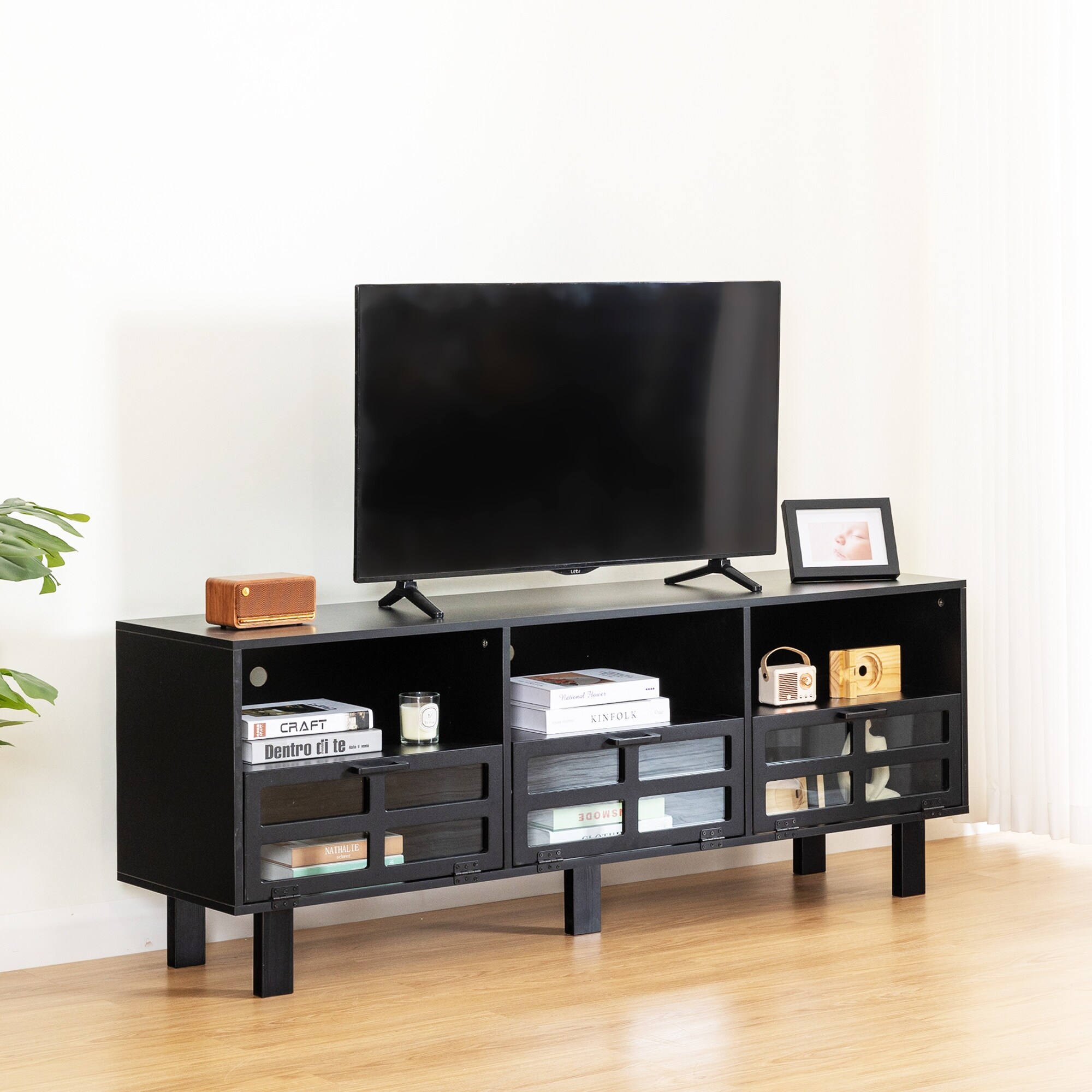 TV Stand TV Cabinet TV Lockers wGlass Door Panel, Turn Down Drawer