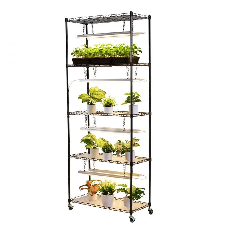 Black Metal 5-Tier Indoor Plant Stand with 8 LED Grow Lights and Timer, 71-Inch Adjustable Shelves on Wheels