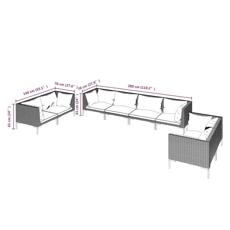 vidaXL Patio Lounge Set Outdoor Sectional Sofa Set Table Poly Rattan Dark Grey - 27.6" x 27.6" x 24"