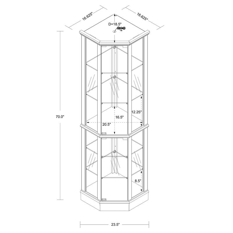 6 Shelf Corner Curio Diapaly Cabinet with Glass Shelves (Bulb Not Included)