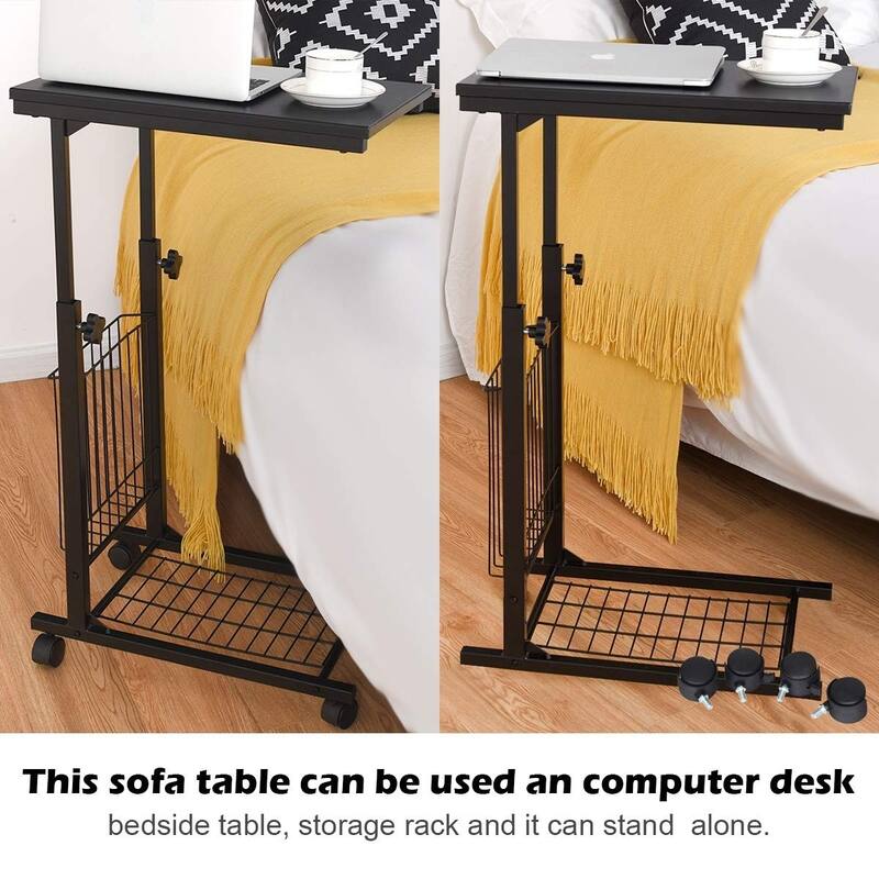 Adjustable C Shaped Snack Table with Wheels for Sofa Bed and Couch Compact Rolling Side Table with Storage Shelf