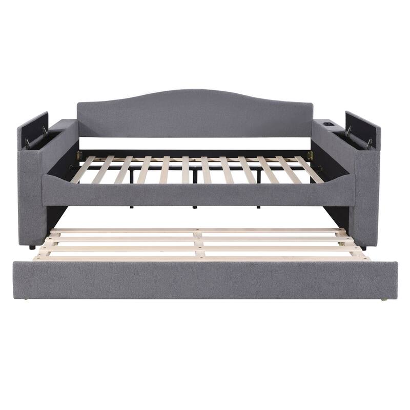 Sofa bed with storage arms, trundle bed and Bluetooth stereo