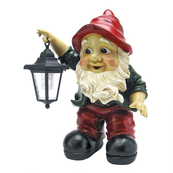 16" Gnome Holding Lantern Hand Painted Outdoor Garden Statue - N/A