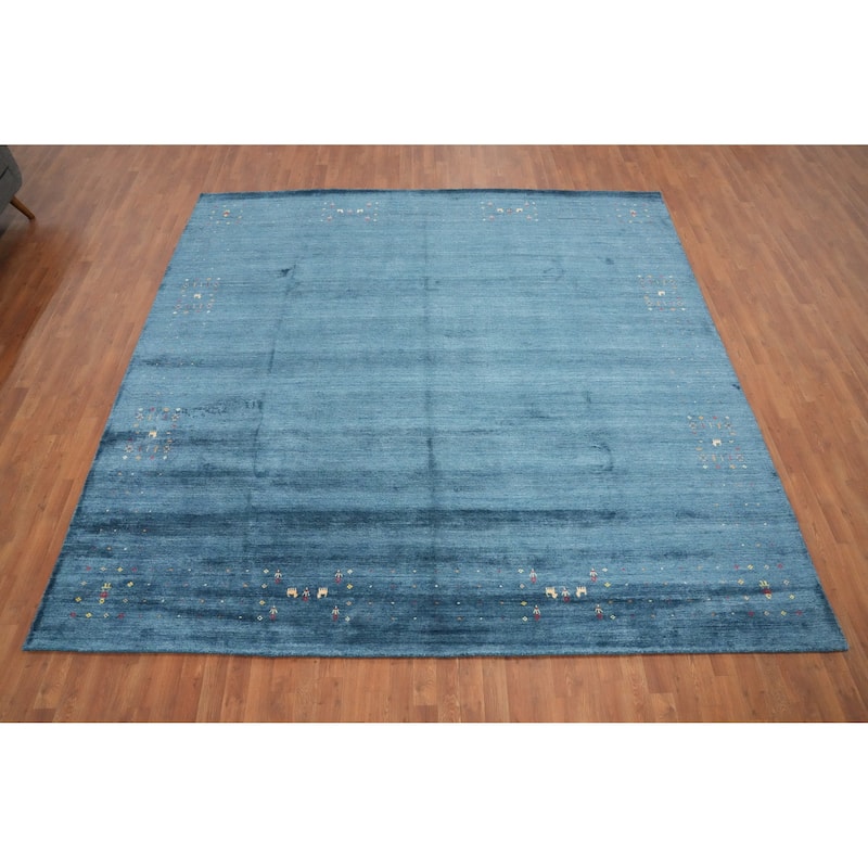 Hand Knotted Oriental Viscose Silk Carpet Tribal Animal Pictorial Navy Blue & Blues Gabbeh Area Rug - 9' 9'' X 10' 0''