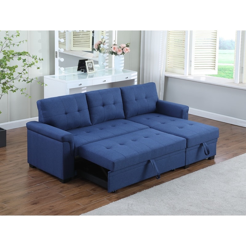 Solid Wood Frame Linen Reversible Sleeper Sectional Sofa with Storage Chaise