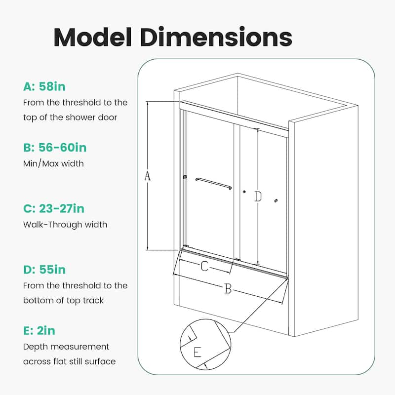 Anmytek Semi-Frameless Double Sliding Bathtub Door - 1/4" SGCC Tempered Glass, 56"-60"W x 58"H