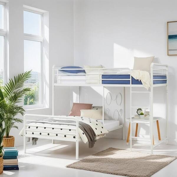 slide 2 of 8, Stylish & Modern Geo Cutout Colorful Twin L-Shaped Bunk Bed, Durable, Cool-grey painted finish, Space-saving, White White