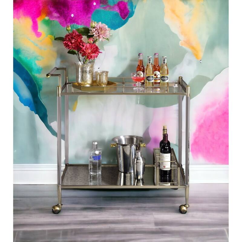 Cirro Antique Mirror & Wire Brass Finish Serving Cart(no include stool)